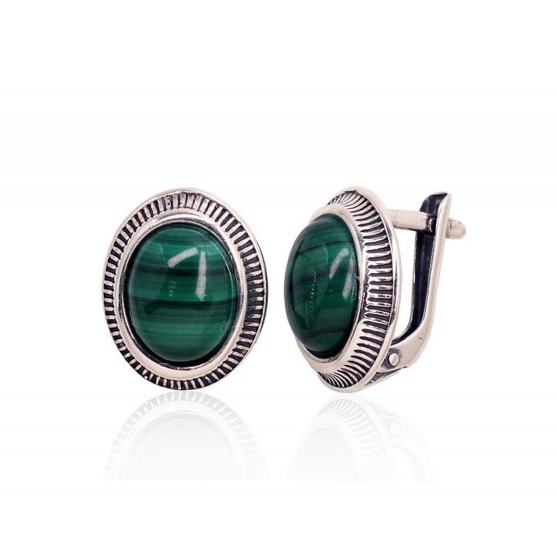 925°, Silver earrings with english lock, Malachite , 2202857(POx-Bk)_MT