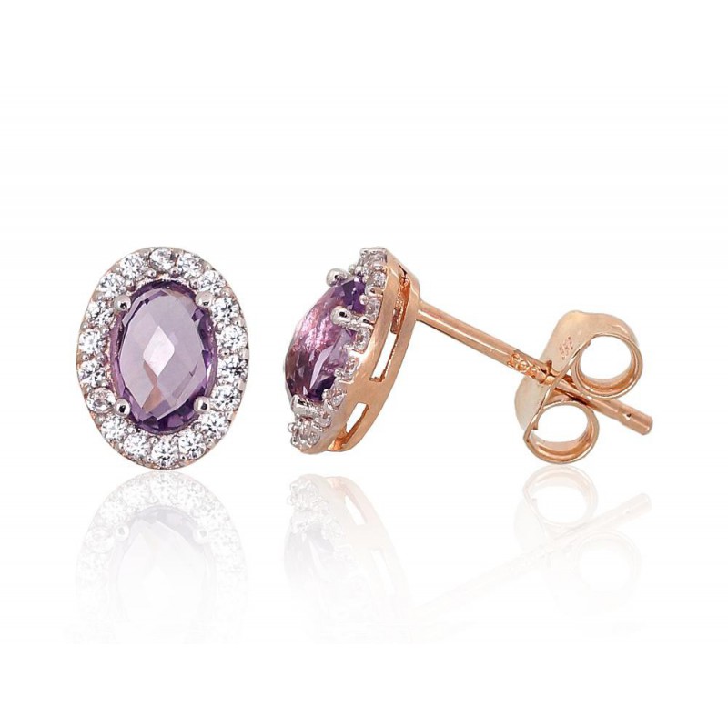 Gold classic studs earrings, 585°, Zirkons , Amethyst , 1201254(Au-R+PRh-W)_CZ+AM