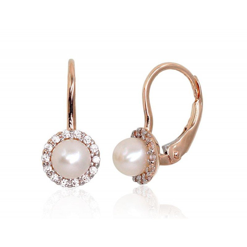 Gold earrings with english lock, 585°, Zirkons , Fresh-water Pearl , 1201256(Au-R+PRh-W)_CZ+PE