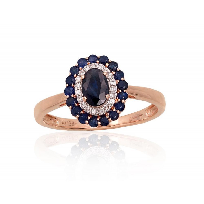 Gold ring, Rose gold, 585°, Diamonds, Sapphire, 1101062(Au-R+PRh-W)_DI+SA