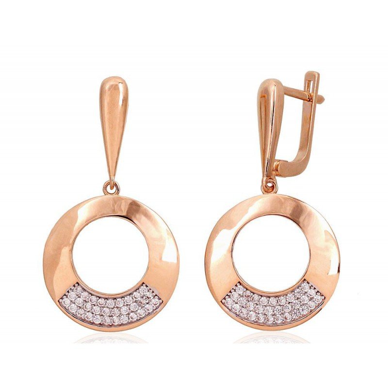 Gold earrings with english lock, 585°, Zirkons , 1201438(Au-R+PRh-W)_CZ