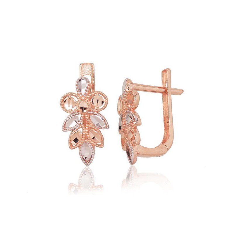 Gold earrings with english lock, 585°, No stone, 1201094(Au-R+PRh-W)