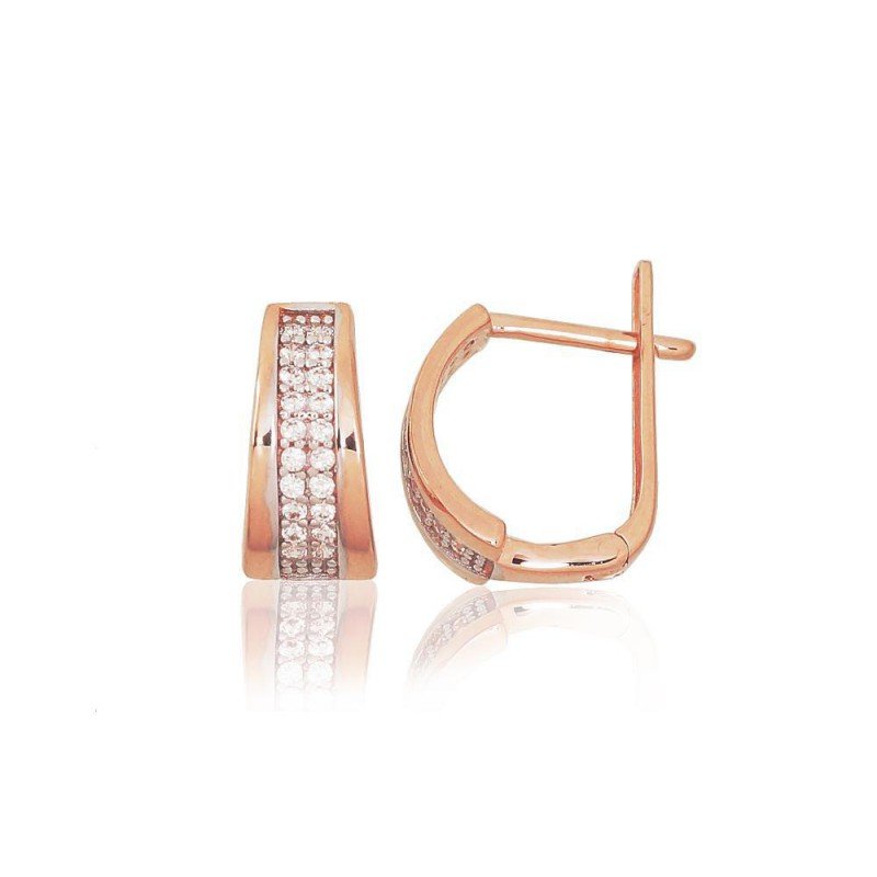 Gold earrings with english lock, 585°, Zirkons , 1201095(Au-R+PRh-W)_CZ