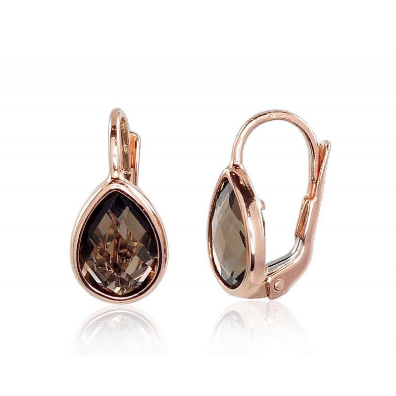 585°, Gold earrings with english lock, Stone: Smoky Quarz , Type: English lock, 1200860(Au-R)_KZSM