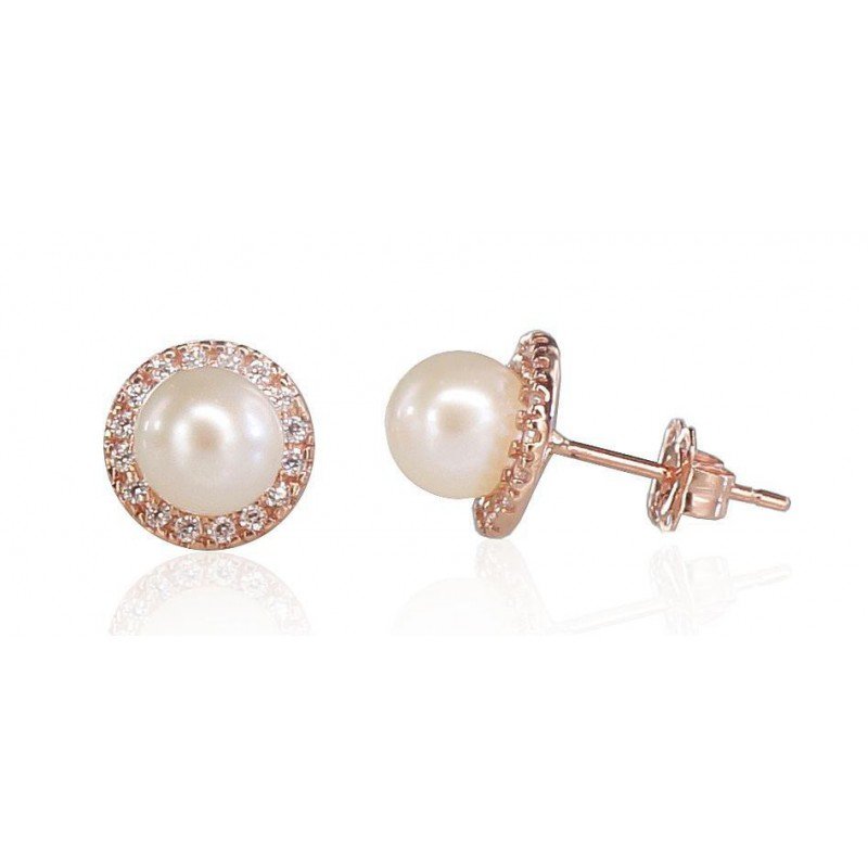 585°, Gold classic studs earrings, Stone: Zirkons , Fresh-water Pearl , Type: Nails, 1200629(Au-R)_CZ+PE