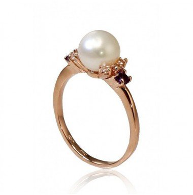 585° Gold ring, Stone: Zirkons , Amethyst , Fresh-water Pearl , Type: \"Bracciali\"  collection, 1100253(Au-R)_CZ+AM+PE