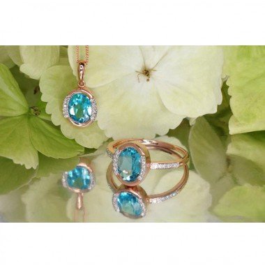 585° Gold ring, Stone: Diamonds, Blue Topaz , Type: With precious stones, 1100523(Au-R+PRh-W)_DI+TZB