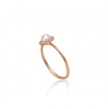 585° Gold ring, Stone: Zirkons , Fresh-water Pearl , Type: Women, 1100922(Au-R+PRh-W)_CZ+PE
