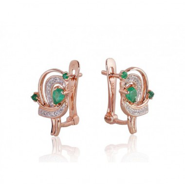 Gold earrings with english lock, 585°, Diamonds, Emerald, 1200503(Au-R+PRh-W)_DI+EM