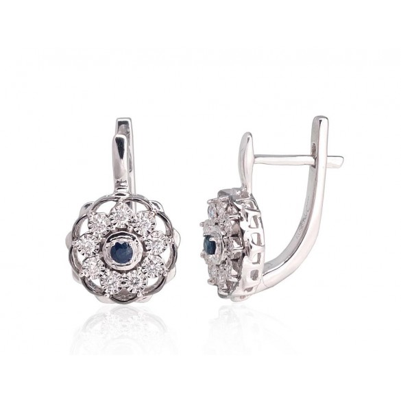 Gold Earrings, 585°, Diamonds, Sapphire, 1201419(Au-W+PRh-Bk)_DI+SA