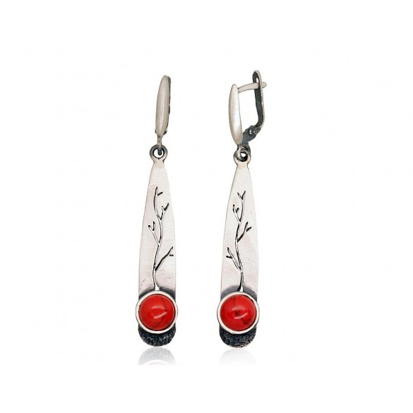 Sidabriniai auskarai anglišku užsegimu, Metalas: Sidabras, Praba: 925°, Akmuo: Koralas (Imitacija)