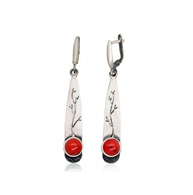 Sidabriniai auskarai anglišku užsegimu, Metalas: Sidabras, Praba: 925°, Akmuo: Koralas (Imitacija)