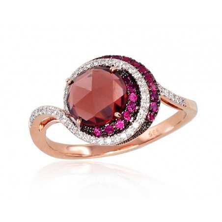 585° Gold ring, Stone: Diamonds, Ruby, Garnet, Type: With precious stones, 1100120(Au-R+PRh-W+PRh-Bk)_DI+RB+GR