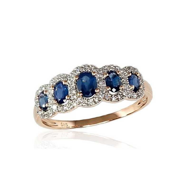 585° Gold ring, Stone: Diamonds, Sapphire, Type: With precious stones, 1100203(Au-R+PRh-W)_DI+SA
