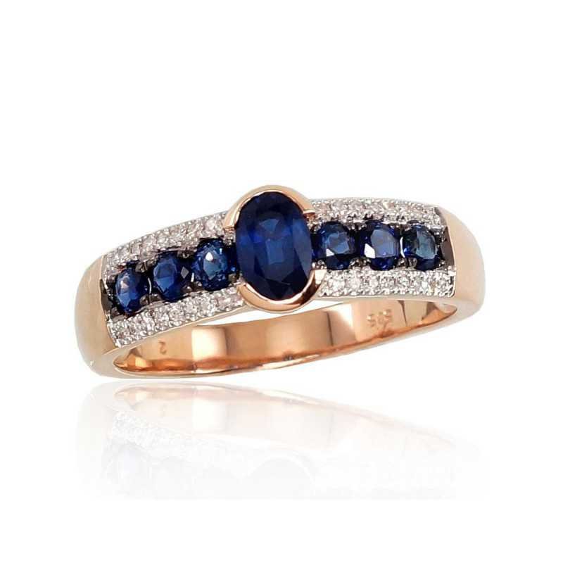585° Gold ring, Stone: Diamonds, Sapphire, Type: With precious stones, 1100665(Au-R+PRh-W+PRh-Bk)_DI+SA