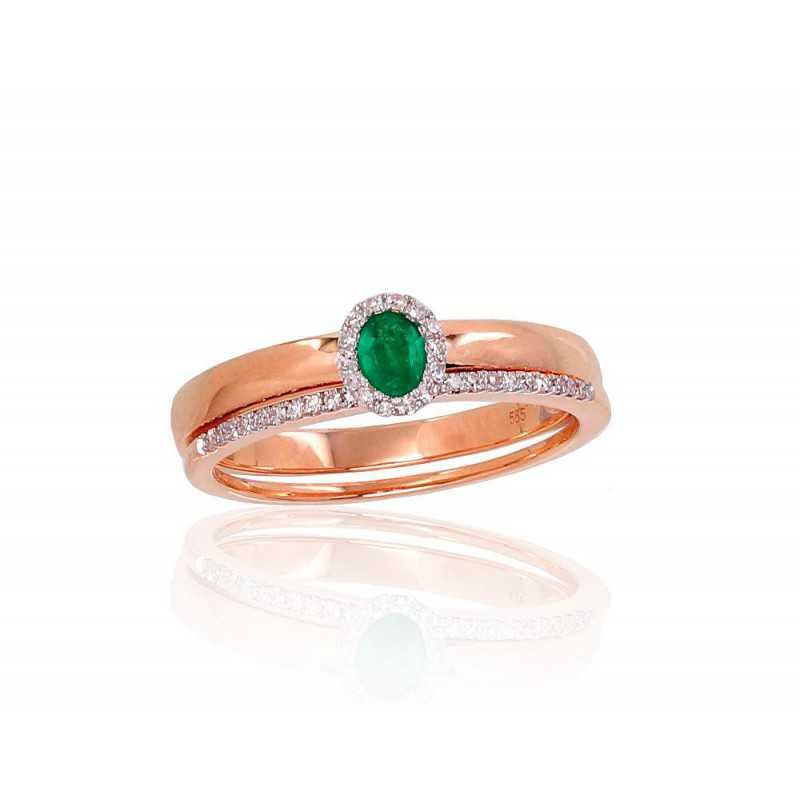 585° Gold ring, Stone: Diamonds, Emerald, Type: With precious stones, 1100904(Au-R+PRh-W)_DI+EM