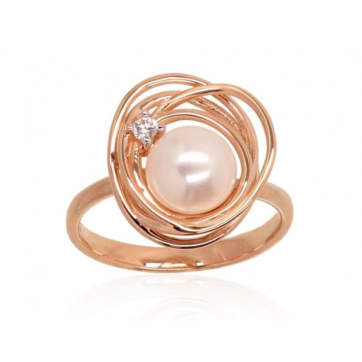 585° Gold ring, Stone: Zirkons , Fresh-water Pearl , Type: Women, 1100919(Au-R+PRh-W)_CZ+PE