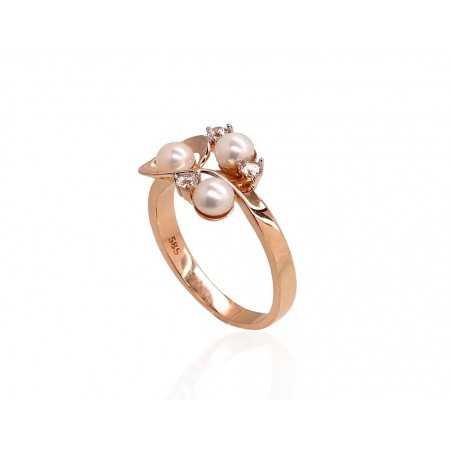 585° Gold ring, Stone: Zirkons , Fresh-water Pearl , Type: Women, 1100921(Au-R+PRh-W)_CZ+PE