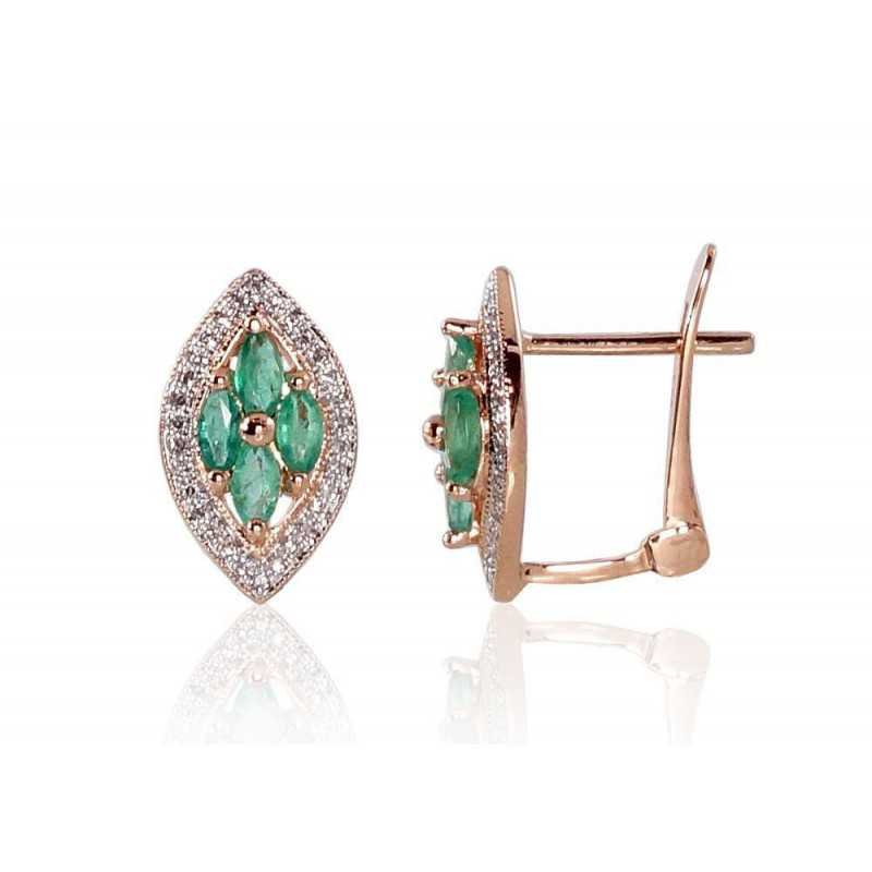 Gold earrings with english lock, 585°, Diamonds, Emerald, 1200250(Au-R+PRh-W)_DI+EM