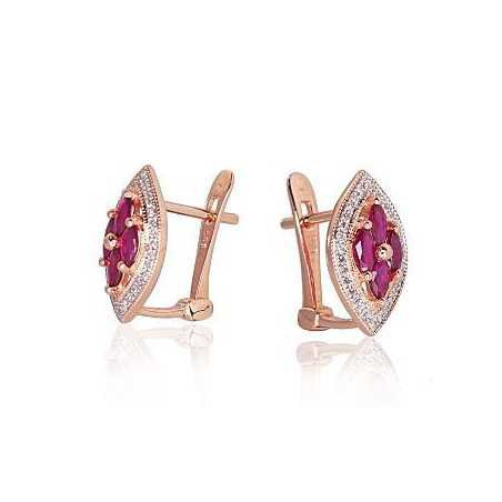 Gold earrings with english lock, 585°, Diamonds, Ruby, 1200250(Au-R+PRh-W)_DI+RB