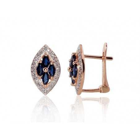 Gold earrings with english lock, 585°, Diamonds, Sapphire, 1200250(Au-R+PRh-W)_DI+SA