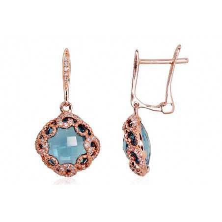 Gold earrings with english lock, 585°, Diamonds, Blue Topaz , 1200251(Au-R)_DI+TZB