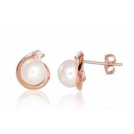 Gold classic studs earrings, 585°, Zirkons , Fresh-water Pearl , 1200254(Au-R)_CZ+PE