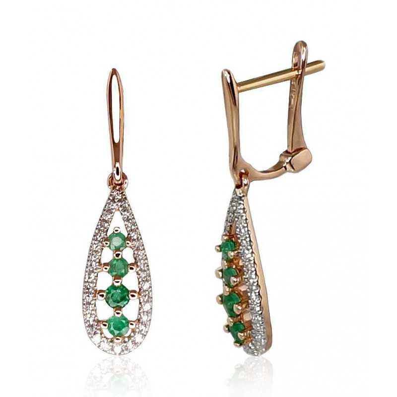 Gold earrings with english lock, 585°, Diamonds, Emerald, 1200385(Au-R+PRh-W)_DI+EM