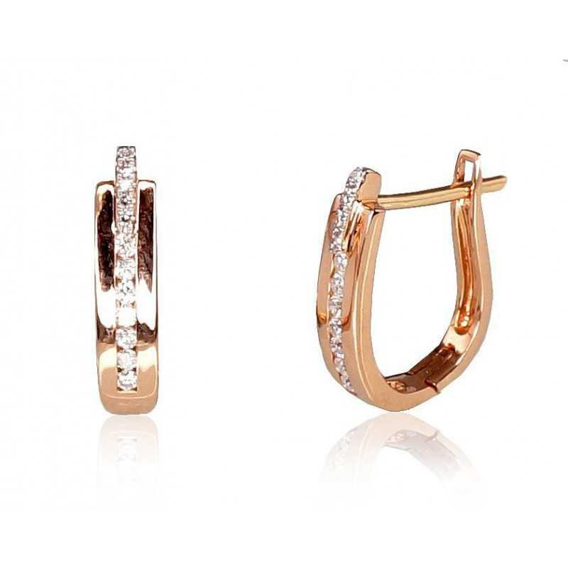 Gold earrings with english lock, 585°, Diamonds, 1200386(Au-R+PRh-W)_DI