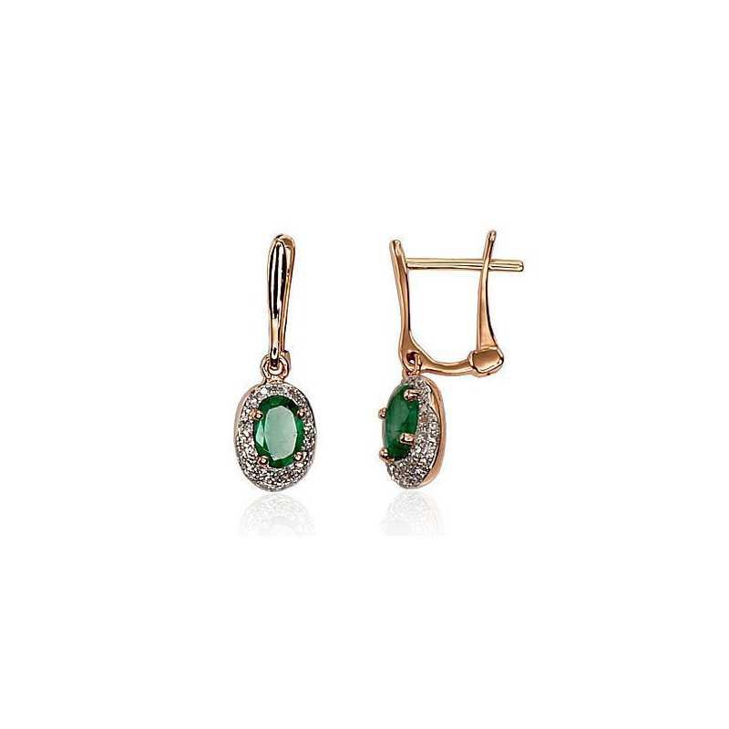 Gold earrings with english lock, 585°, Diamonds, Emerald, 1200392(Au-R+PRh-W)_DI+EM
