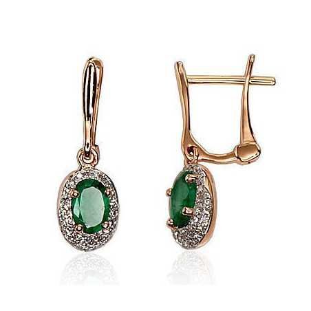 Gold earrings with english lock, 585°, Diamonds, Emerald, 1200392(Au-R+PRh-W)_DI+EM