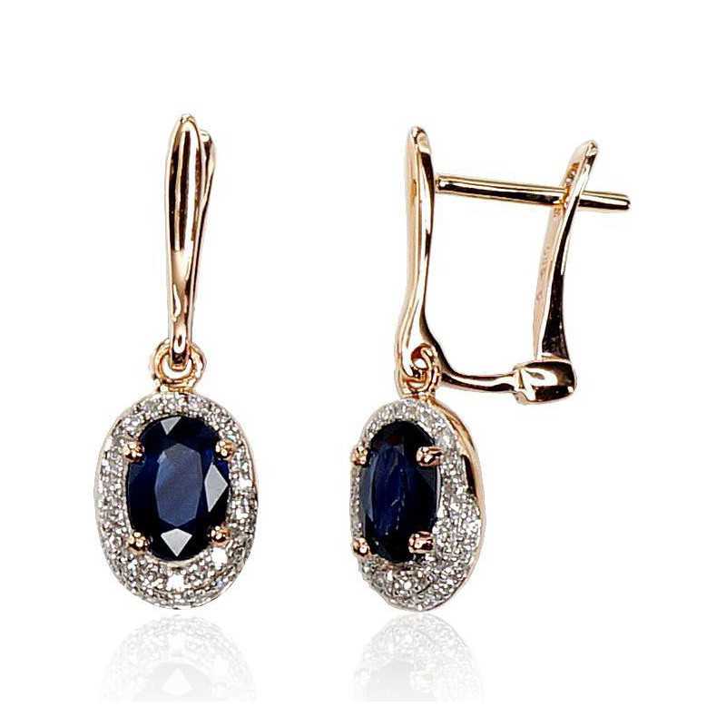 Gold earrings with english lock, 585°, Diamonds, Sapphire, 1200392(Au-R+PRh-W)_DI+SA