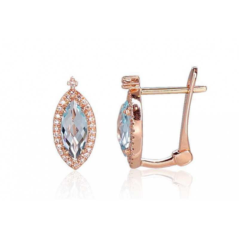 Gold earrings with english lock, 585°, Diamonds, Blue Topaz , 1200521(Au-R)_DI+TZLB