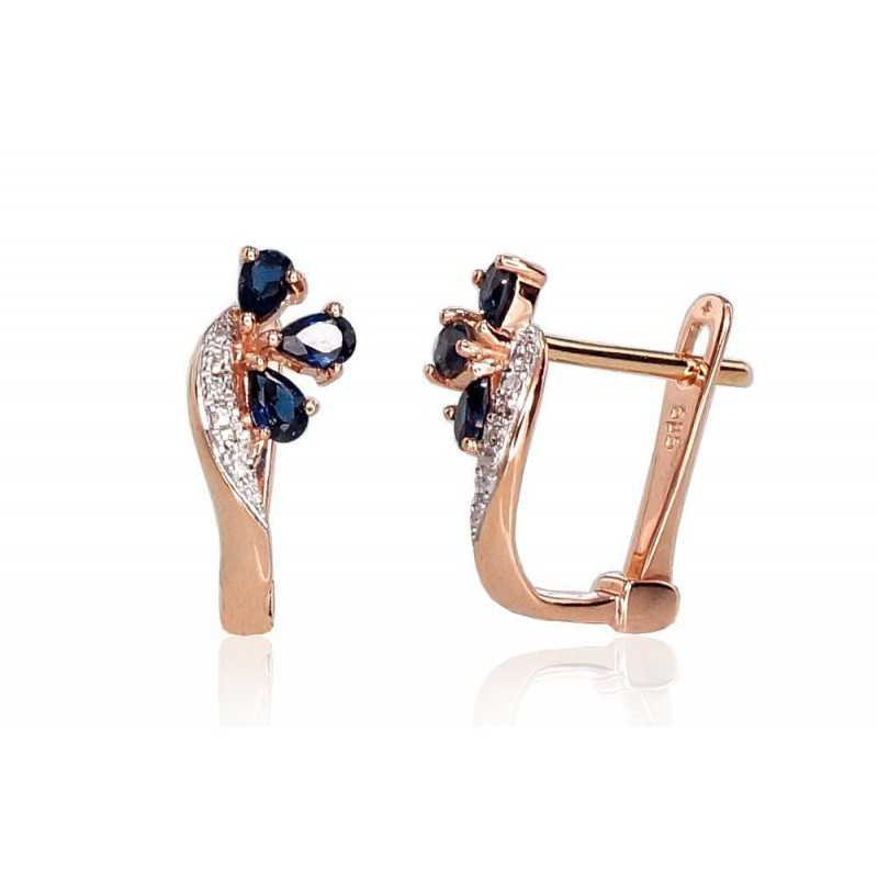 Gold earrings with english lock, 585°, Diamonds, Sapphire, 1200716(Au-R+PRh-W)_DI+SA