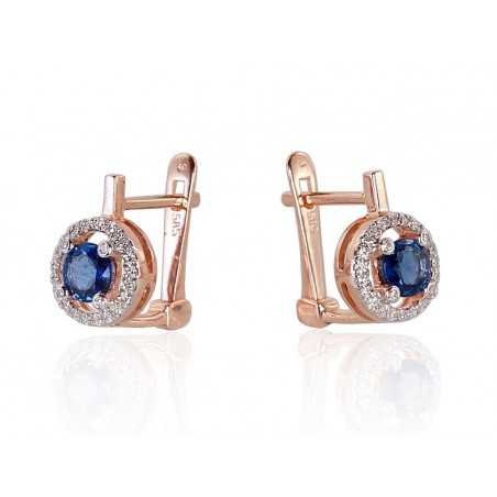 Gold earrings with english lock, 585°, Diamonds, Sapphire, 1200718(Au-R+PRh-W)_DI+SA
