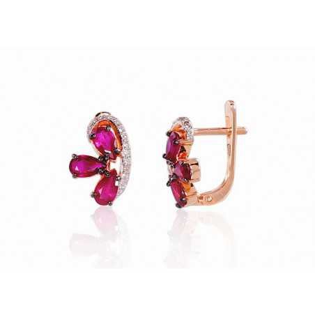 Gold earrings with english lock, 585°, Diamonds, Ruby, 1200787(Au-R+PRh-W+PRh-Bk)_DI+RB