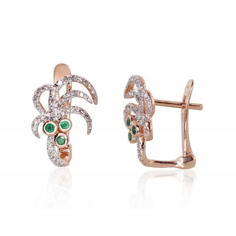 Gold earrings with english lock, 585°, Diamonds, Emerald, 1200791(Au-R+PRh-W)_DI+EM