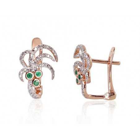 Gold earrings with english lock, 585°, Diamonds, Emerald, 1200791(Au-R+PRh-W)_DI+EM