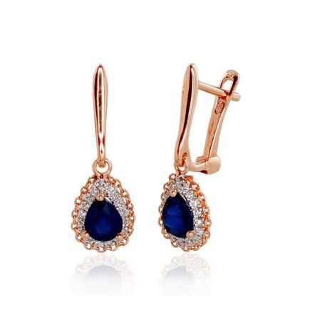 Gold earrings with english lock, 585°, Diamonds, Sapphire, 1200799(Au-R+PRh-W)_DI+SA
