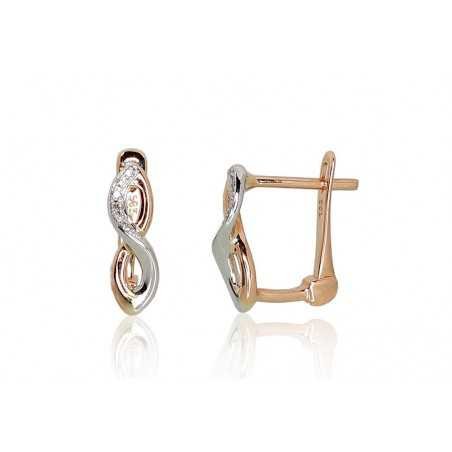 Gold earrings with english lock, 585°, Diamonds, 1200967(Au-R+Au-W)_DI