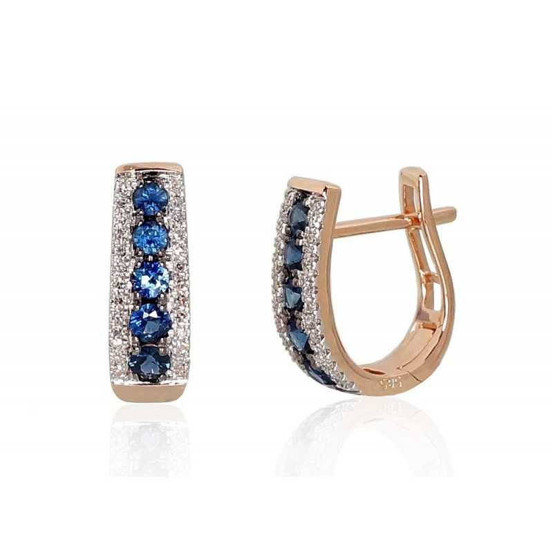 Gold earrings with english lock, 585°, Diamonds, Sapphire, 1200970(Au-R+PRh-W+PRh-Bk)_DI+SA
