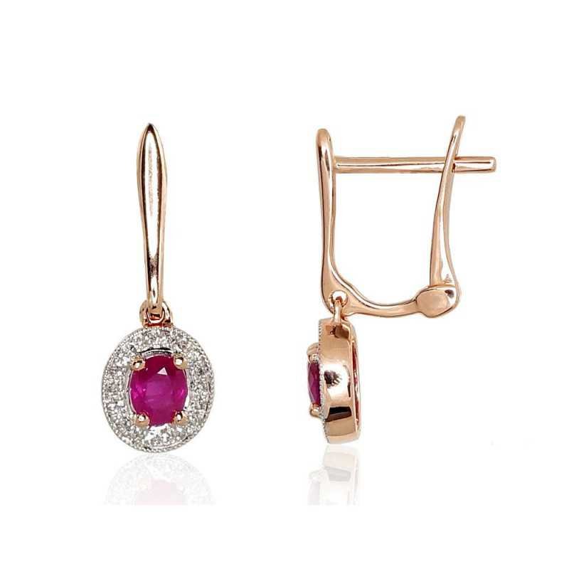 Gold earrings with english lock, 585°, Diamonds, Ruby, 1200975(Au-R+PRh-W)_DI+RB