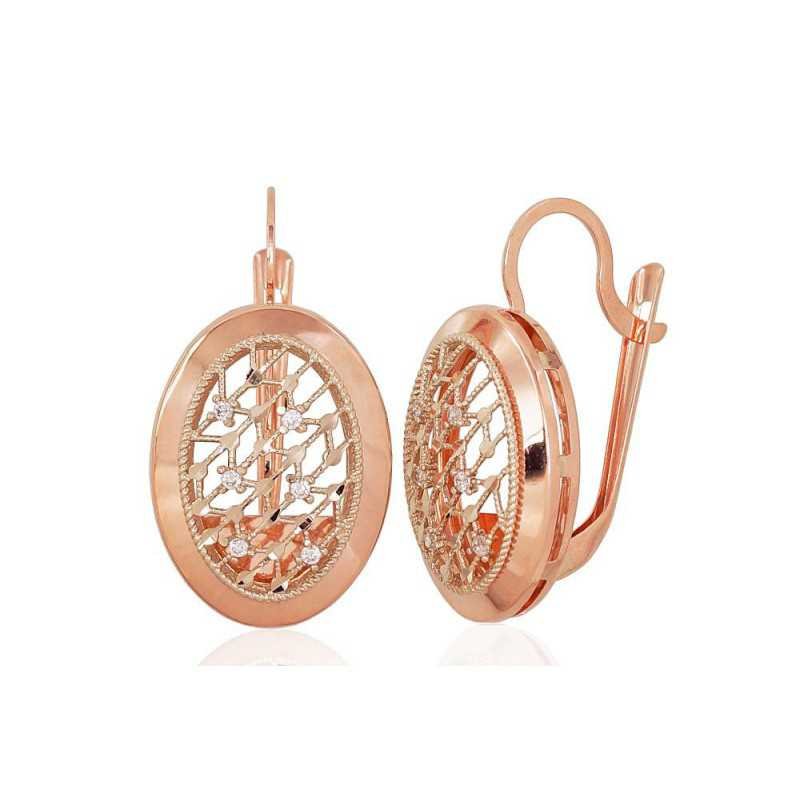 Gold earrings with english lock, 585°, Zirkons , 1201097(Au-R+Au-W)_CZ