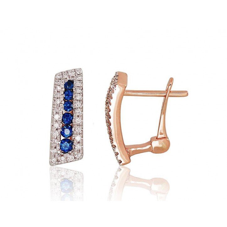Gold earrings with english lock, 585°, Diamonds, Sapphire, 1201130(Au-R+PRh-W)_DI+SA