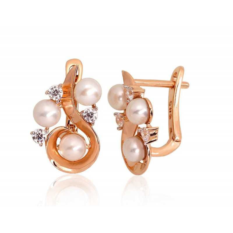 Gold earrings with english lock, 585°, Zirkons , Fresh-water Pearl , 1201272(Au-R+PRh-W)_CZ+PE