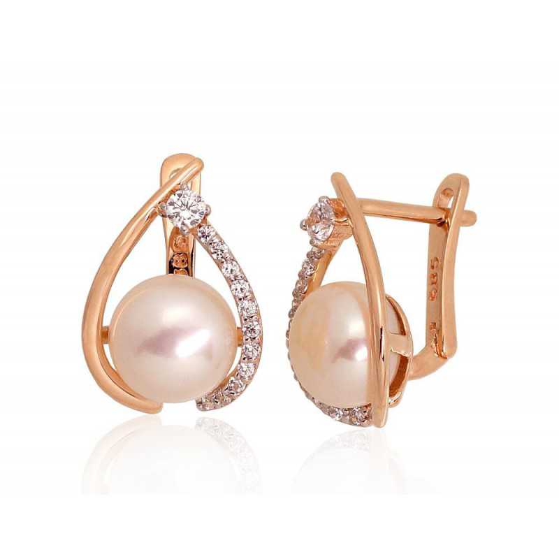 Gold earrings with english lock, 585°, Zirkons , Fresh-water Pearl , 1201276(Au-R+PRh-W)_CZ+PE