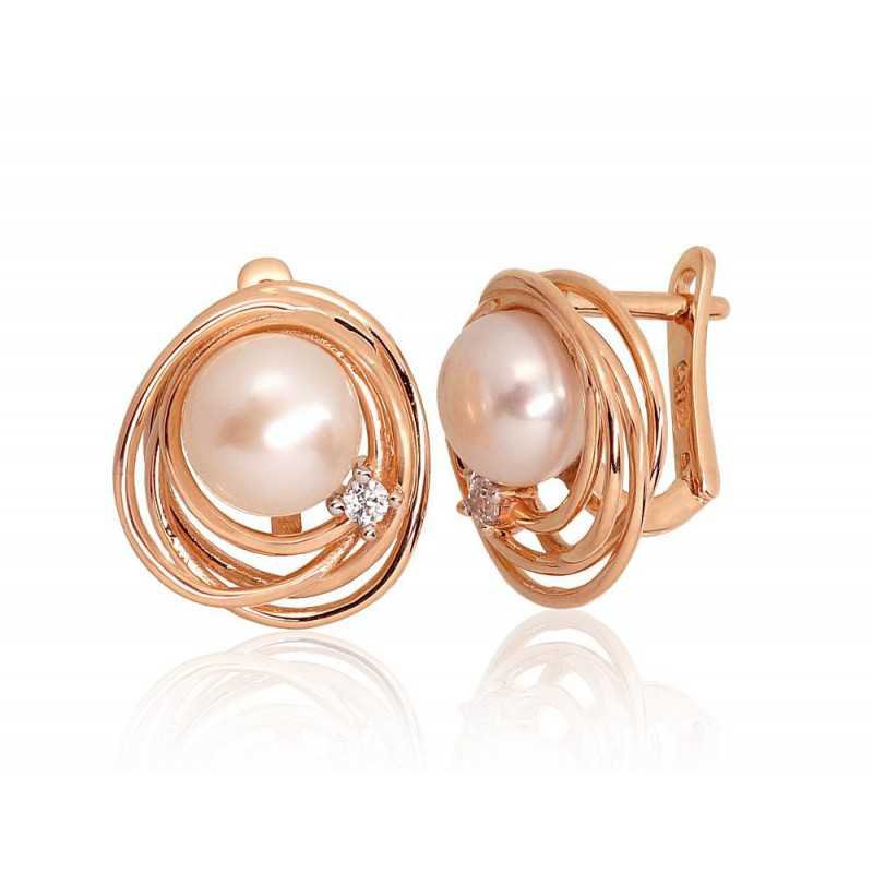 Gold earrings with english lock, 585°, Zirkons , Fresh-water Pearl , 1201278(Au-R+PRh-W)_CZ+PE