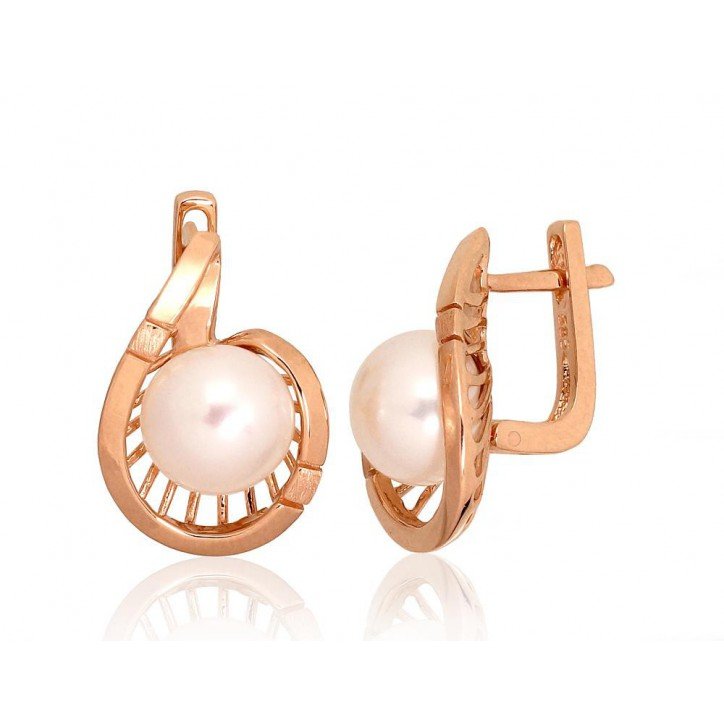 Gold earrings with english lock, 585°, Fresh-water Pearl , 1201279(Au-R)_PE