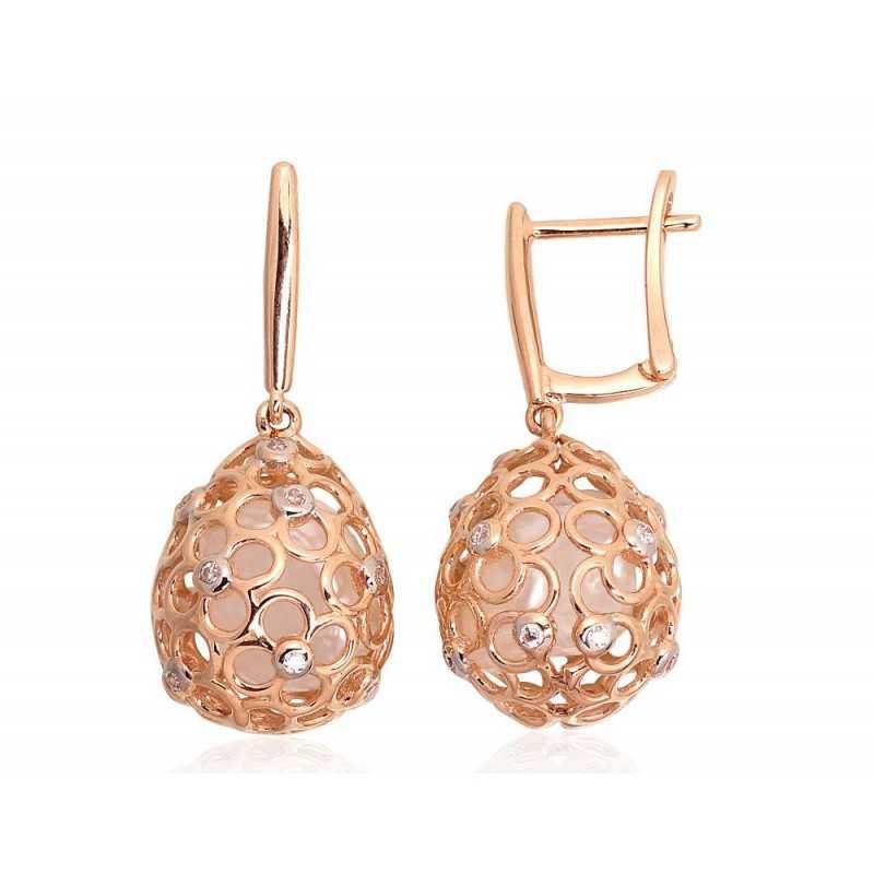 Gold earrings with english lock, 585°, Zirkons , Fresh-water Pearl , 1201281(Au-R+PRh-W)_CZ+PE