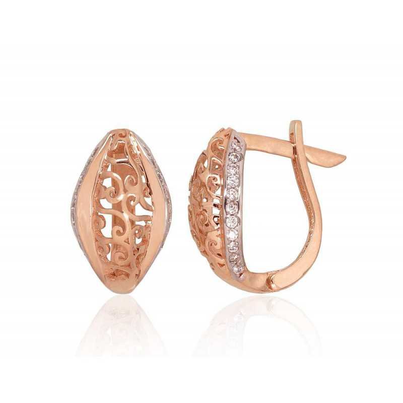 Gold earrings with english lock, 585°, Zirkons , 1201282(Au-R+PRh-W)_CZ